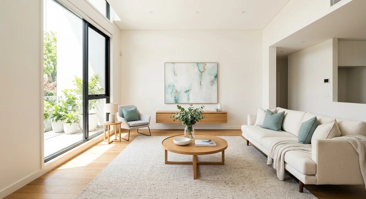 A sunlit, spotless modern living room with neat details. Establish a bright, clean visual standard immediately upon landing.