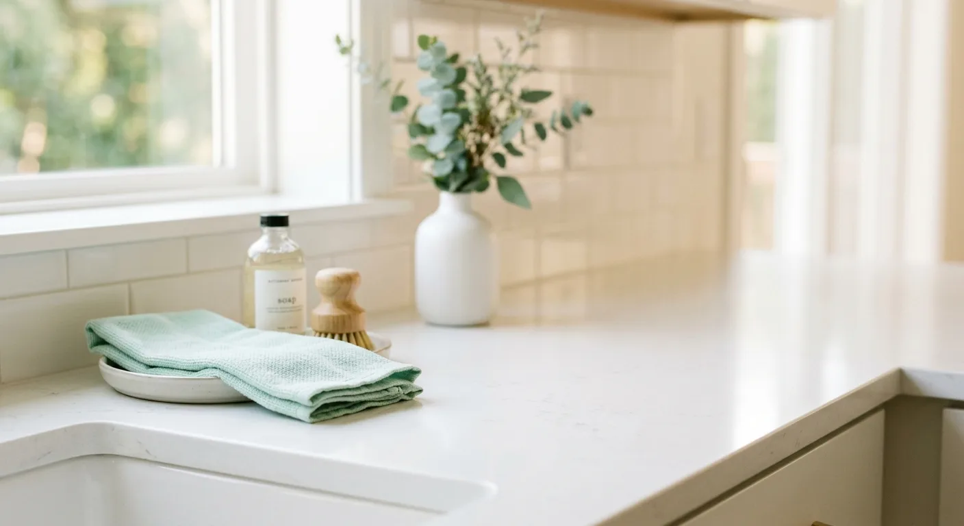 A pristine kitchen counter or neatly arranged domestic space. Support the general cleaning service proposition with an active or detailed clean space shot.